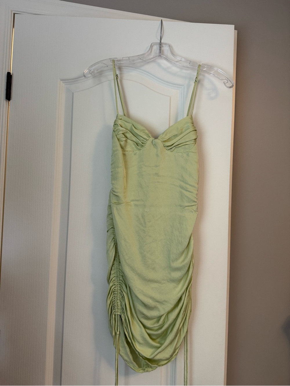 Zara Light Green Ruched Spaghetti Strap Mini Dress